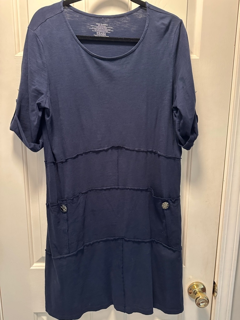 neon buddha Navy Cotton Dress with decorative silver & gold buttons